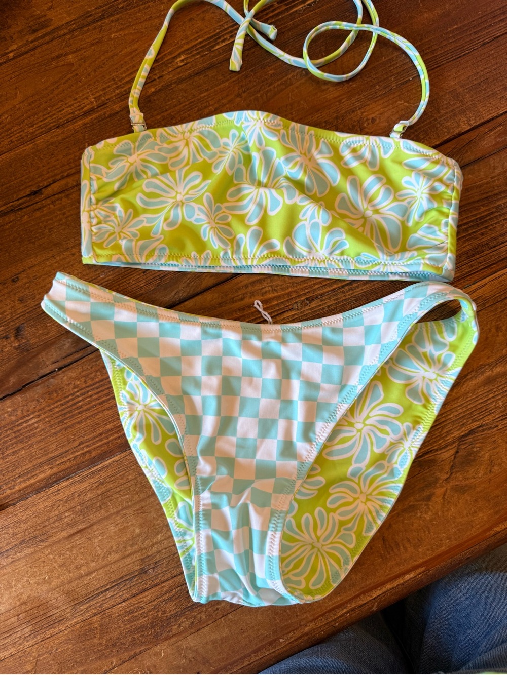U37 - Kohl's Lime Green & Aqua Floral Check Reversible Two-Piece Bikini